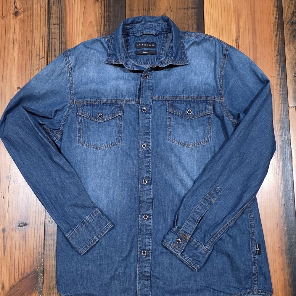 Artful Rebel Men’s Blue Denim Shirt Faded Wash Button-Up Long Sleeve S